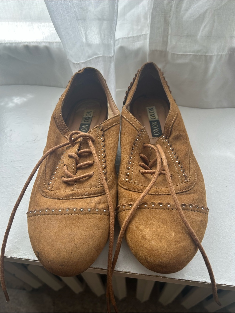 XOXO Tan Suede Lace-Up Oxford Flats with Stud Detail